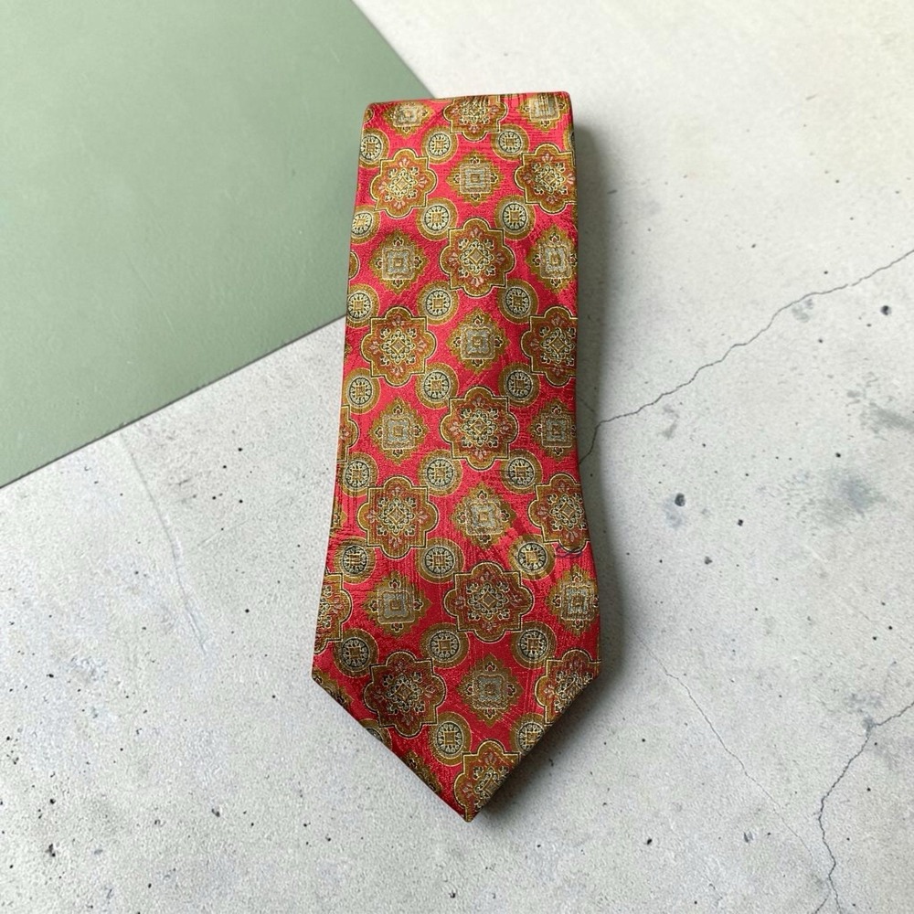 Vintage S.T. Dupont Paris Tie Red Olive Green Medallion Ornate Silk Made France